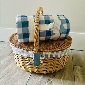 Blue and White Picnic Blanket with Wicker Basket